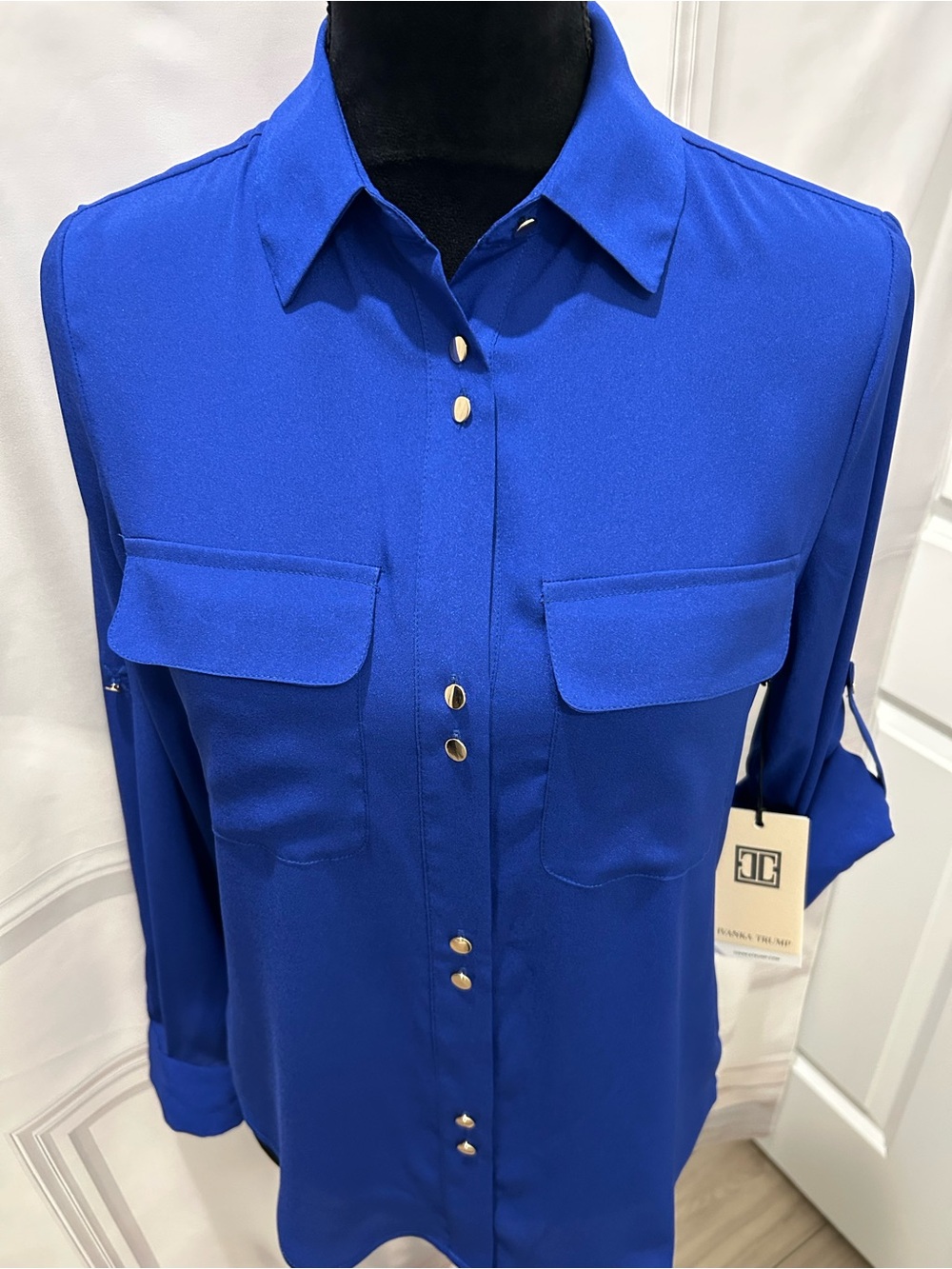 NWT Ivanka Trump Women’s Vivid Royal Blue Long-Sleeve Button-Front Shirt XS
